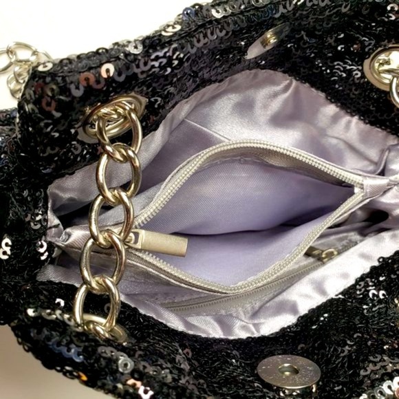 Fiona Lang London Metallic Sequin Chain Strap Evening Purse - Picture 9 of 11